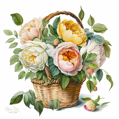 realistic hand painted watercolor of a basket of david austin english roses, clean white background, clipart