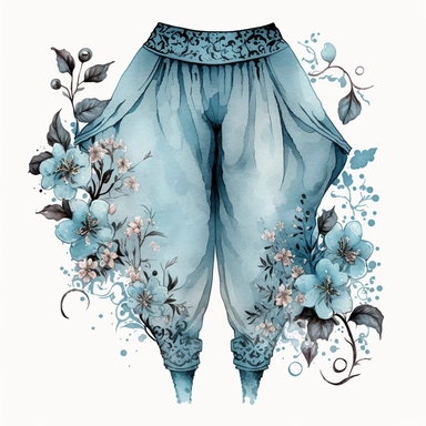 clipart, light blue watercolours. gothic arabian fabtasy style. surrounded by flowers. In this image, we see a pair of Hammer Pants. The pants are a loose-fitting style with a distinctive shape, tapering at the ankle and ballooning out around the hips and thighs. The Hammer Pants are made of a lightweight and breathable fabric, making them perfect for warm weather or for movement-based activities. The loose fit of the pants allows for a full range of motion, making them ideal for activities like