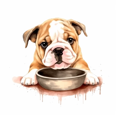 cute adorable small baby bulldog watercolor clipart, big shiny adorable puppy eyes, drinking water from a dog bowl, cartoonish character, smiling, no background, no text, High quality