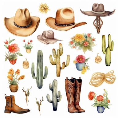 Watercolor western clipart on a white background, ranch clip art, freebie, in the style of Voigtlander brilliant, flower and nature motifs, whistlerian, handcrafted objects, California plein air, maximalist, old - world charm, no watermark, text, words, paintbrush, typography, the images do not stick together, simple vector line around entire image for easy background removal