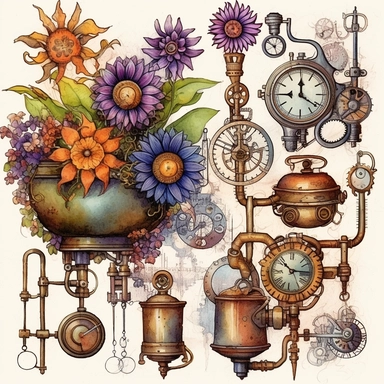 Embark on a creative journey that fuses the whimsy of watercolor with the industrial charm of steampunk, resulting in a unique collection of floral arrangements clipart that commands attention. Employ watercolor as the chosen artistic medium, harnessing its fluidity and transparency to infuse the compositions with an ethereal quality. Draw inspiration from steampunk genres and artists like Sydney Padua and incorporate steampunk motifs such as gears, cogwheels, and brass accents into the floral a
