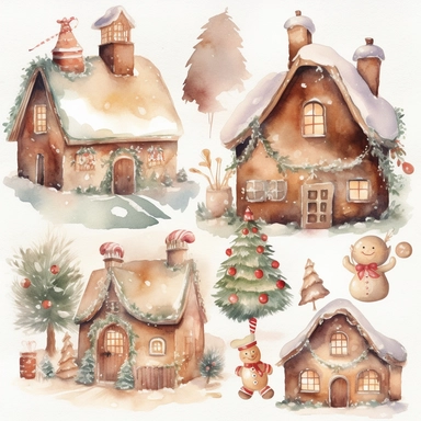 Generate a series of watercolor clipart images inspired by the magic of Christmas. Include elements such as gingerbread houses, reindeer, snowmen, and Christmas trees. The images should have a soft, dreamy quality with clear lines and delicate, watercolor hues. The clipart should be perfect for use in scrapbooking, card-making, and other festive projects.