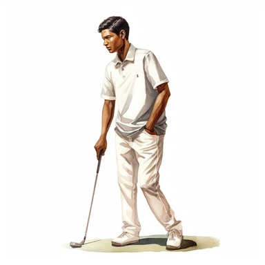 Idyllic watercolor clipart of a young Indian modern male golfer with dark hair in white close fitting sports golf clothes standing straight ready to use the putting club on the putting green, isolated on a pure white background, insane detail,