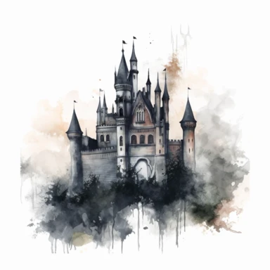 on a white background Illustrate a watercolor clipart of a gothic castle with soaring turrets, looming over a dark and misty forest. The clipart should have a haunting and mysterious feel, with a focus on the castle's intricate details