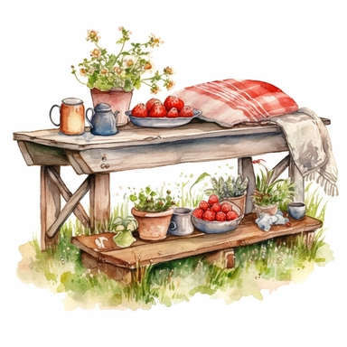 watercolor, hyper realistic, white background, white margins, 16k, ultra detailed clipart, cut out image, hand-drawn, whimsical, sticker style a cozy garden space with a wooden bench, a coffee table, and a rug on the grass. A pot of tea and a bowl of strawberries sit on the table, and a vase of flowers decorates the bench. The color theme is warm oranges and browns, with green foliage and pink flowers.