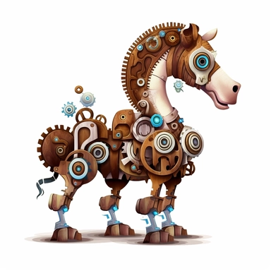 friendly horse with cute eyes, standing up, in the style of steampunk, clipart, white background, lots of cogs