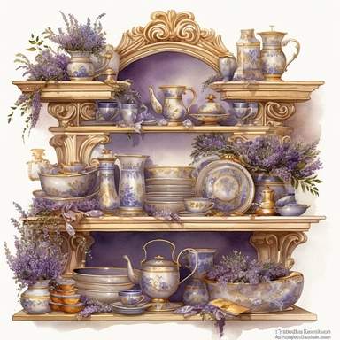 watercolor mixed media masterpiece royal kitchen beautiful white shelf with golden accents, with porcelain dishes and a jar of jam and books and basket with lavender, richly decorated with lavender and flowers hanging on the wall, provence, by rodney matthews style and by James C. Christensen style, Art nouveau style, PNG clipart, isolated on white, extreme photorealistic details, 32k HD resolution, realistic high detailization high resolution