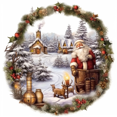 vintage design, advent wreath around, christmas theme oil paining santa claus with a big sack filled with gifts Clipart Collection in beautiful winter landscape, advent wreath around, christmas theme, detailed, isolated, white background, one pattern