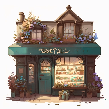 a English te shop in Mancheter, white background, detailed, sharp, vibrant colors, mint, brown, watercolor texture, ink, 2d anime style, glowing from inside, big flowers, many small flowers, magical, clipart