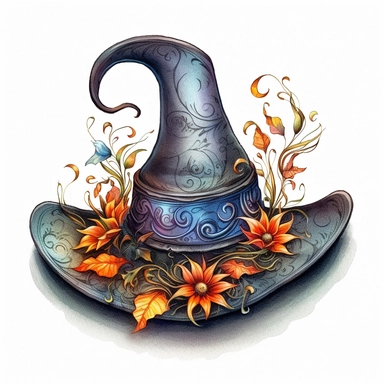 Witch hat, Halloween, style by Lusy Fleming, folk art, watercolor, clipart elements, smooth gradients, black contour outline, ultra detailed, white background, super clear, high quality
