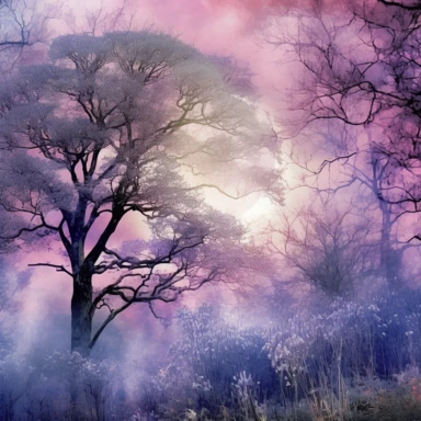 Watercolour wildflowers, trees in the forest, moon in background, lilac blue and purple colors, beautiful details, ultra detailed, ultra photo real intricate detailed, high definition, graphic clipart, hyper realistic, detailed, fog in background