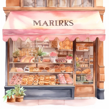 watercolor, hyper realistic, no background, have margins, 8k, ultra detailed clipart, no text, no logo, no trademark a bakery display with light pink accents, showcasing all the delicious baked goods available at the shop