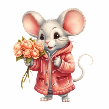 cute happy mouse wearing a coat one hand holding flowers the other hand in the coat pocket , illustration clipart, white background