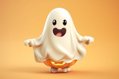 Cute ghost. Happy halloween ghosts characters, spooky expression creature. Funny scary magic demon with pumpkin, mystery creative nowaday vector clipart, realistic, full frame, very detailed