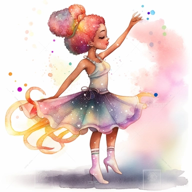 2d watercolor clipart kawaii, character of a beautiful adult african american ballerina with a long braid doing a grand pirouette, beautiful lights, colorful, and sparkling, magical, full body image, asymmetric, intricately rendered, generously detailed, intricately detailed,