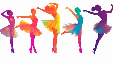 Colorful Simplistic Multiple Ballerina clip art of Female Dancers. Elegant Sophisticated Image depicting happy female dancer concentrating. No rouge faces. Each element of the Design is to be individual and totally separated and isolated on White Background, 2d Vector Clip Art for use in other designs