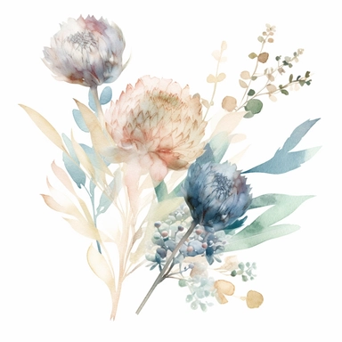 pastel watercolor, pompus dried flower, top right-hand corner scroll ideal for a wedding stationery, clipart