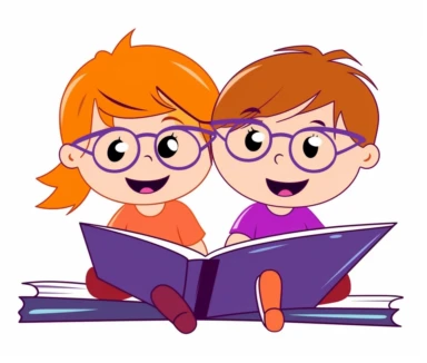 kid and girl reading books together in a flat style, flat black and white illustration cartoon clipart x6a2b, in the style of light purple and orange, hd, light maroon and blue, playful, youthful images, captivating, soggy, high resolution