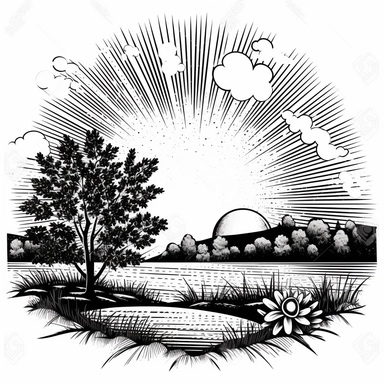 very simple clipart of sun rising up, black and white, white background