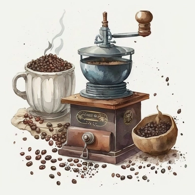 Watercolor, coffee clipart, Coffee drinks, Vintage coffee pots, coffee grinders, Coffee beans, Cup of coffee, 1 illustration, white background, simple
