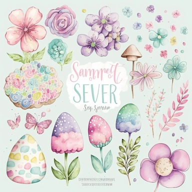 Spring Fever Watercolor Collection: This clipart set features a variety of springtime illustrations, rendered in a soft and feminine watercolor style. The set includes images of flowers in bloom and candies The colors are light and pastel, with a focus on pinks, blues, and purples. These clipart illustrations would be perfect for adding a touch of springtime beauty to any project, whether it's a blog post, a social media campaign, or a printable design