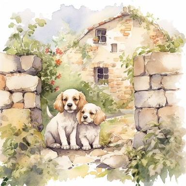artwork in the style of cicely mary barker, cllipart, whimsical, watercolor illustration of cute and happy little puppies playing in a sunny backyard of a stone house, watercolor clipart, book cover illustration, hyper hd--q2--v5.