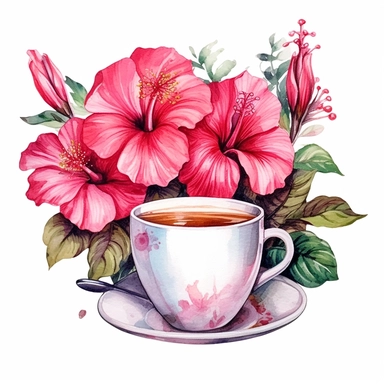 beautiful pink flowers, morning, beach, coffee, highly detailed, highly realistic, highly beautiful, highly talented, watercolor, white background, Sublimation Clipart,hyper realistic, intricate detail, illustration style,high solution,on the white background