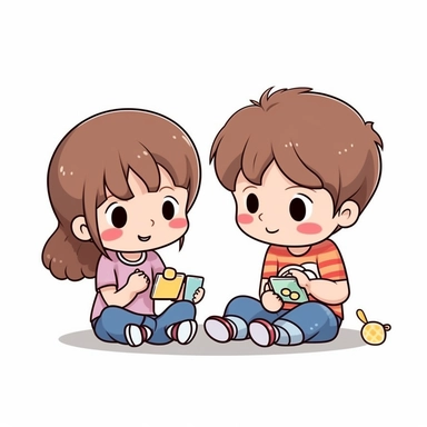 Happy cute little boy and girl 2 years old playing memo game, chibi, clipart, vector, outline, white background