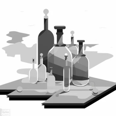 clipart of a map with lab bottles on top, black and white, rinpa school, emiliano ponzi, greyscales palette, white background