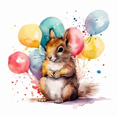 please create watercolor clipart of a squirrel smiling, wearing party BALOONS AND GUM and bubbles, colorful, WHITE BACKGROUND