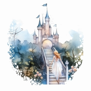 light watercolor wild castle and beauty girl in the moonlight in beautiful forest with bridges, roses, flowers,and lights realistic clipart on white background