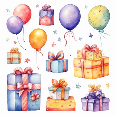 Create a set of watercolor clipart birthday motifs with a delightful and childlike essence. Use the medium of watercolor to infuse the images with vibrant colors and gentle textures. Draw inspiration from classic children's book illustrations, reminiscent of artists like Quentin Blake and Beatrix Potter. Depict cheerful birthday elements such as balloons, party hats, cakes, and presents, with a whimsical and playful touch.