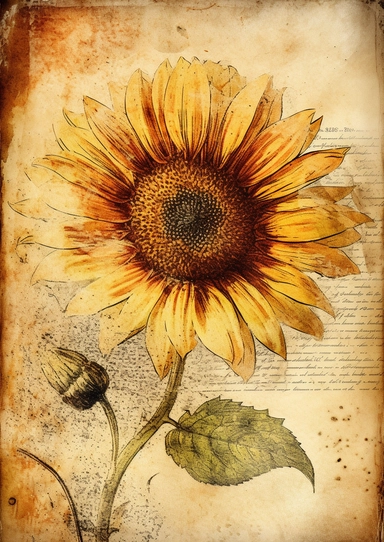Old paper texture background, ATC card with a sunflower clipart in the center of the paper in watercolor style