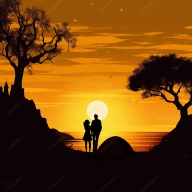 magical scene of a married couple silhouette standing embracing camping on the beach clip art