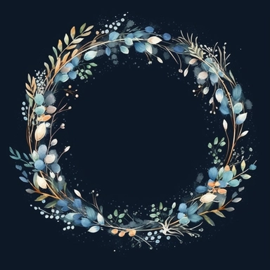 framed by thin border, wide view, central composition, fit in shot, full length, uncropped ,watercolor baby's breathe wreathes, clipart, vector, dark background