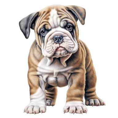 clipart of realistic bulldog puppy, full body, standing, white background