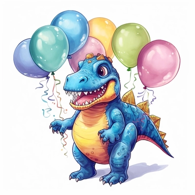 a T-Rex cartoon character holding colorful balloons for a birthday party, glamorous , Gouache, white background with margins, Clipart style