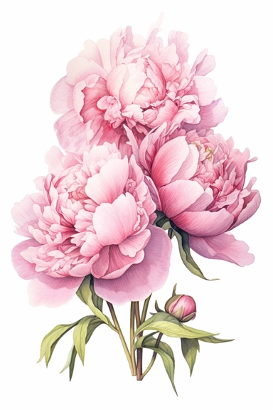 A highly detailed watercolor and pencil clipart drawing of a small cluster of unbloomed pink peonies elegantly arranged on a white background. The cluster captures the anticipation and beauty of these budding flowers, showcasing their intricate forms and delicate petals. The watercolor and pencil techniques blend harmoniously to create a captivating representation, with the watercolor adding soft washes of color and the pencil adding fine details and textures. The drawing focuses on the tightly 
