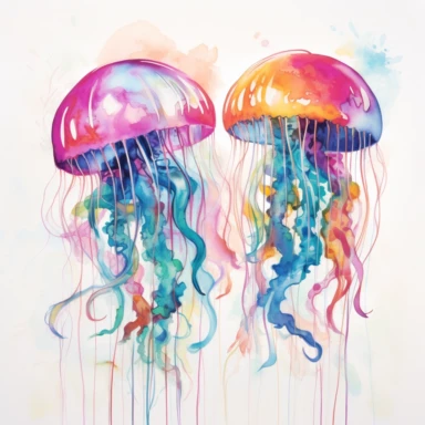 In the midst of the creative voyage, the watercolor jellyfish swam with grace, its translucent body adorned with vibrant hues, as each delicate brushstroke breathed life into its ethereal existence, capturing the essence of the deep sea's mystical allure and inspiring the artist's journey into a world of boundless imagination. rainbow color clipart on white background