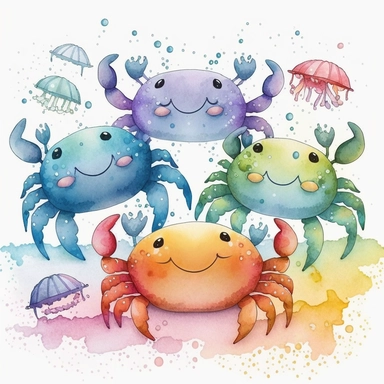 cute cartoon crabs, colorful watercolor summer clipart, ombre white background, no text