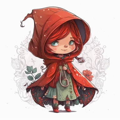Boho style illustration, clipart, sublimation drawing Alien Little Red Riding Hood. Bright colorful colors. White empty background, high quality 8k, quality detail