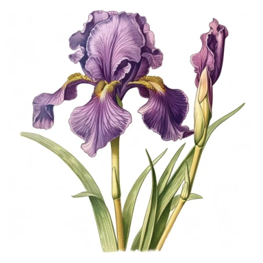 clipart, a single purple iris flower, vintage seed catalog style, Cole's garden annual 1915 , high quality Vector illustration. Isolated on a white background, no gradient, text