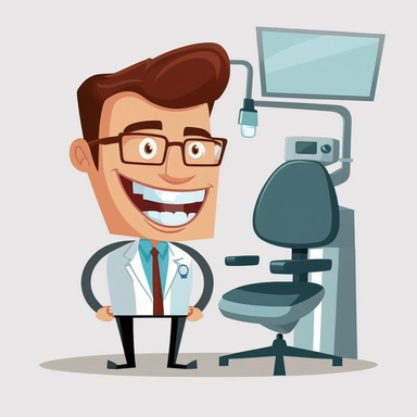 A gental, friently dentist, very simple clipart, smiling, white background with a dentist's chair just visible behind the dentist, cartoon, pixar