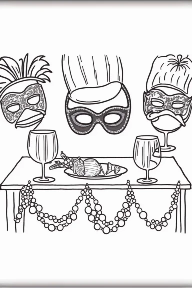 an outlined table setup for a Mardi Gras party with cute masks, beads, hats, and drinks, Coloring Book, white background, black and white, [clip art]