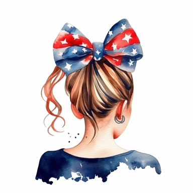 Watercolor messy bun girl with American flag bow clipart, white background