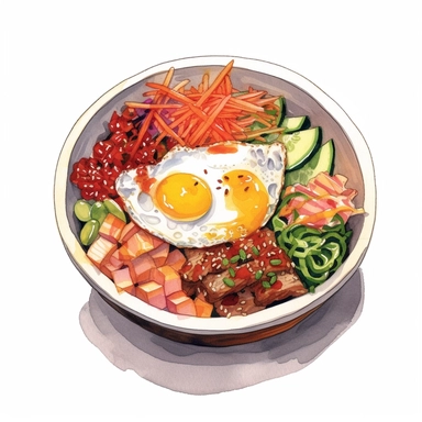 watercolor, hyper realistic, white background, white margins, 16k, ultra detailed clipart, cut out image, hand-drawn a Korean bibimbap bowl with a colorful assortment of vegetables, beef, and fried egg on top of a bed of rice, and a side of gochujang sauce and kimchi. in the style of anime art, frostpunk, photo-realistic drawings, villagecore, lively and energetic, high quality, anime