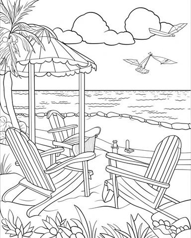 Adult Coloring Book Featuring Fun and Relaxing Beach Vacation Scenes, Peaceful Ocean Landscapes and Beautiful Summer Designs, coloring page line art, black and white clipart for a kids coloring page, simple and clean line art, illustration style,