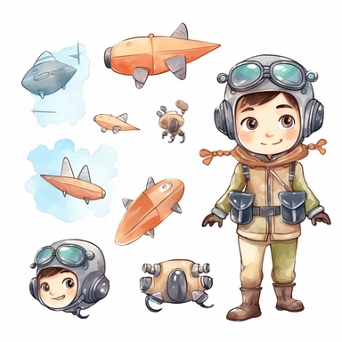 cute kawaii plane pilot , watercolor white background clipart set single elements with margin