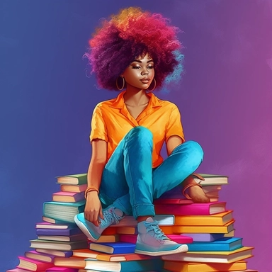 imagination, Clipart illustration of afro cosmepolitian woman sitting on top of books, realistic in the style of nene thomas, 100k background, Abstract, Colorful, beautifully color - coded, beautifully color graded, Unreal Engine, Cinematic, Color Grading, Editorial Photography, Photography, Photoshoot, Shot on 70mm lense, Depth of Field, DOF, Tilt Blur, Shutter Speed 1/ 1000, F/ 22, White Balance, 32k, Super - Resolution, Megapixel, ProPhoto RGB, VR, Lonely, Good, Massive, Halfrear Lighting, Ba