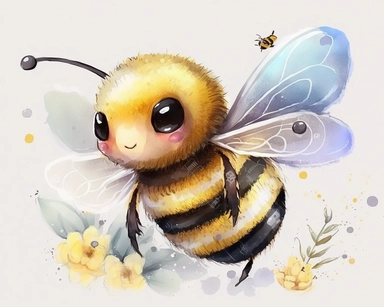 cute bee drawing for clipart, bee is the focal point in a white background, he is flying through the air by himself, nursery watercolor, in the style of watercolor painting, white background, charming anime characters, cute and colorful, depiction of animals, high quality--seed 4107006010